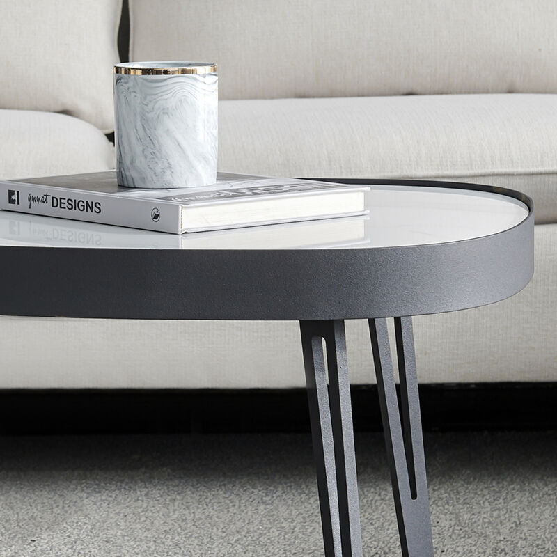 Modern coffee table, black metal frame with sintered stone tabletop