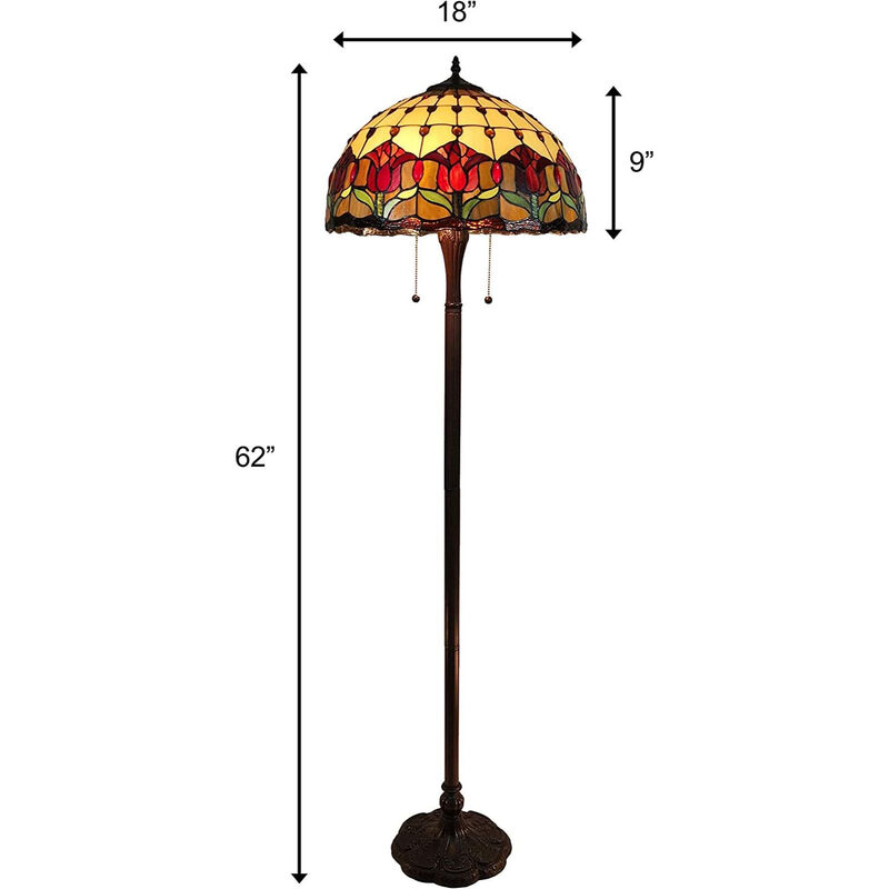Hivvago 62" Brown Two Light Traditional Shaped Floor Lamp With Red Flowers Stained Glass Dome Shade