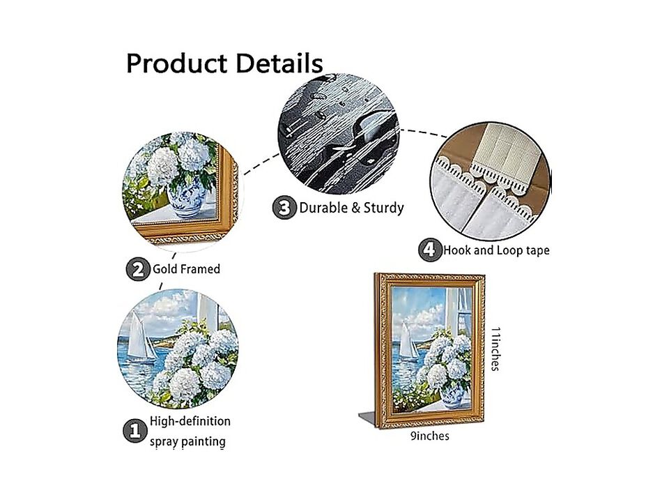 Gold Framed 3D Texture Coastal Canvas Wall Art White Hydrangea Sailboat Poster