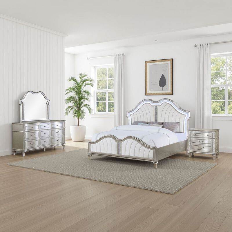 Nive 4pc Queen Bedroom Set, Ivory Channel Tufted Bed with Silver Oak