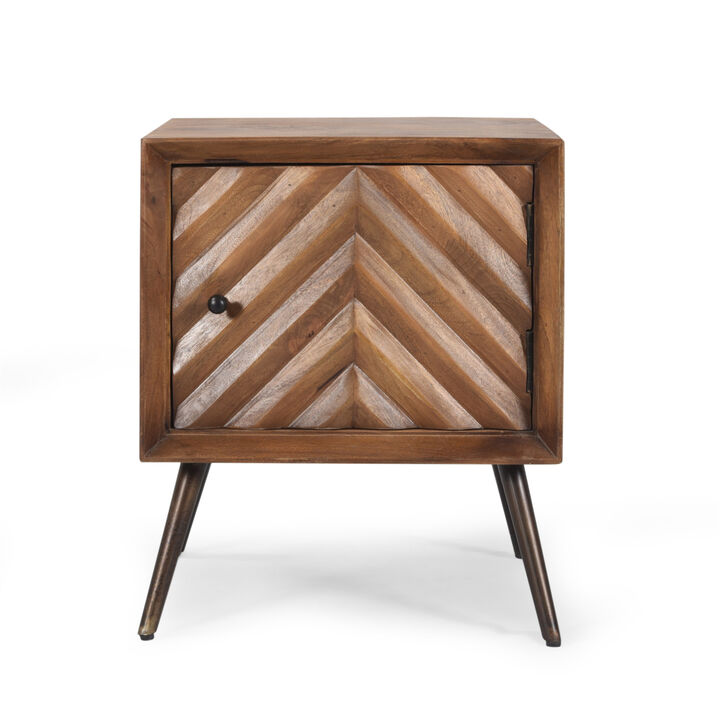 Streamdale Mid-Century Modern Mango Wood Cabinet With Chevron Tile Door