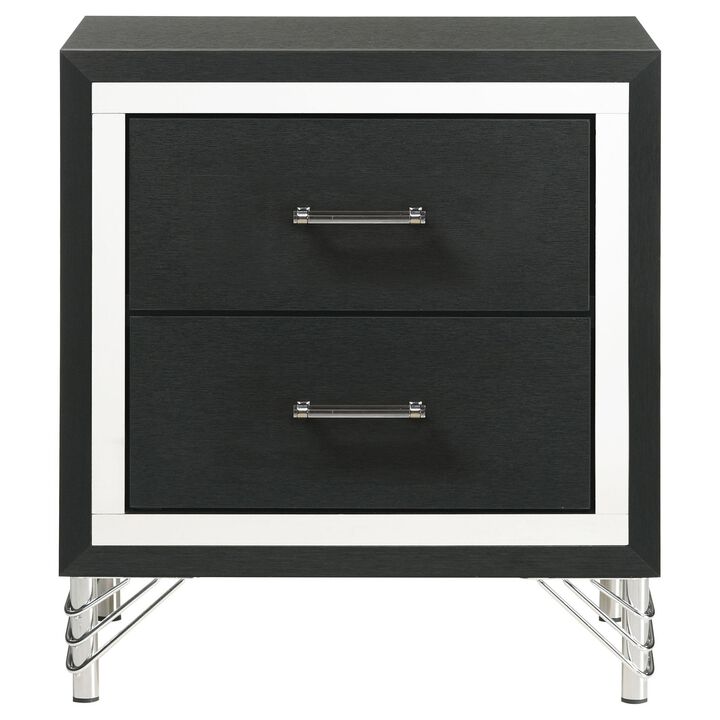 Jenny Nightstand, 24 Inch 2 Drawers and Chrome Accents, Modern Black - Benzara