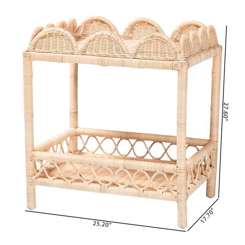 bali & pari Eloisa Natural Rattan End Table - Handwoven Wicker 2-Tier Side Table with Scalloped Border for Living Room or Bedroom