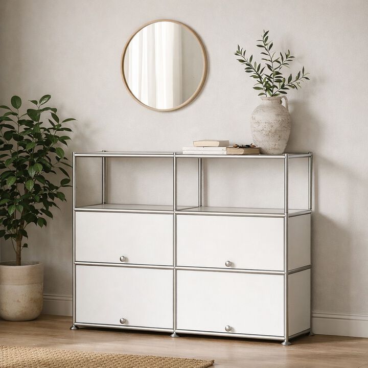 Mega Casa 4-Tier Metal Accent Cabinet with Doors, Modern Storage Cabinet for Living Room, Bedroom or Entryway, White