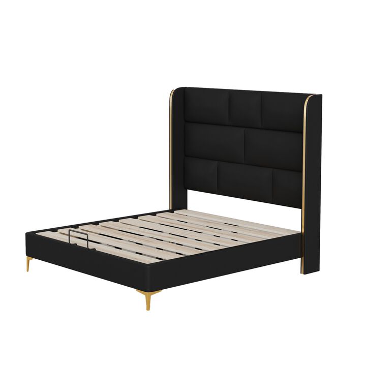Square Tufted Upholstered Platform Bed with 56" Tall Headboard, Queen Size Bed Frame with Thickening Pinewooden Slats and Metal Leg, Black