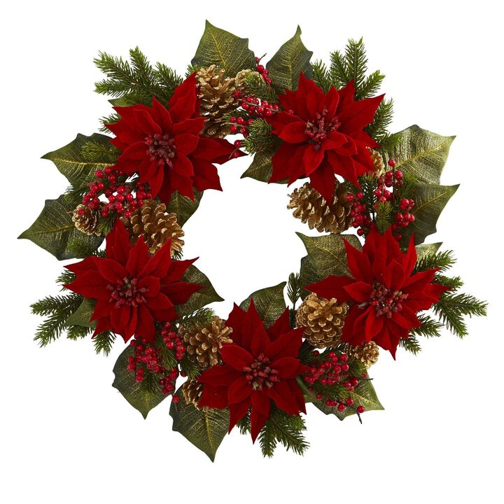 Nearly Natural 24-in Poinsettia, Berry and Golden Pine Cone Artificial Wreath