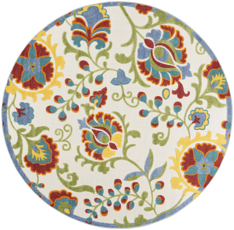 HomeRoots 8' Ivory Green Red And Yellow Round Floral Indoor Outdoor Area Rug image number 0