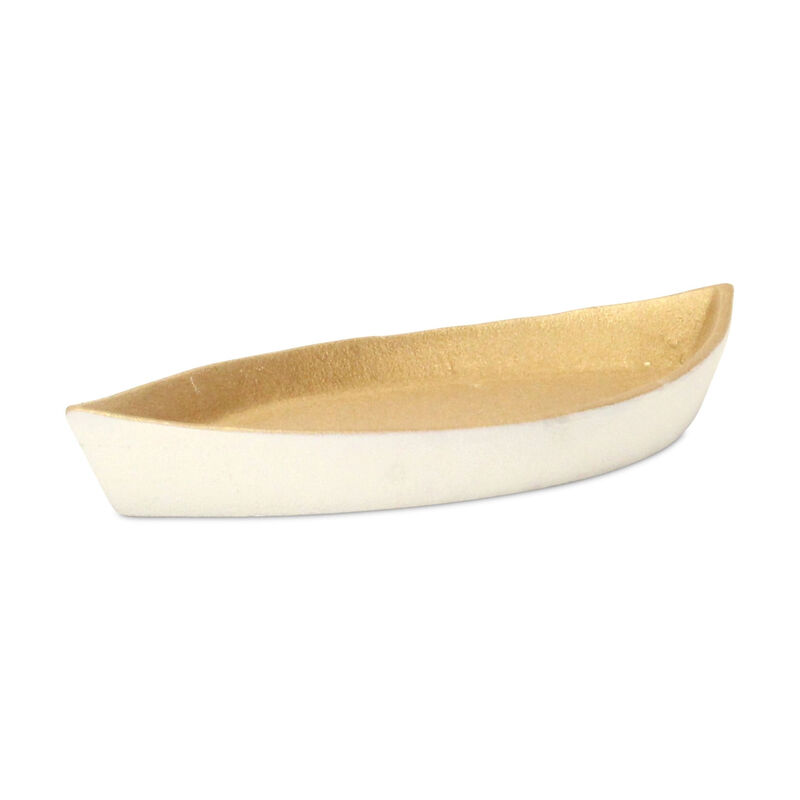 HomeRoots 10" Gold And Off White Cast Iron Oval Boat Shaped Tray image number 4