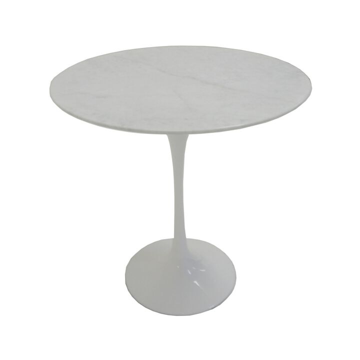 Sufi 21 Inch Side End Table, Round Top, Pedestal Base, Marble White Finish