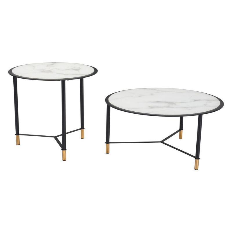 Hivvago Set of Two White and Black Faux Marble And Glass And Steel Round Bunching Coffee Tables