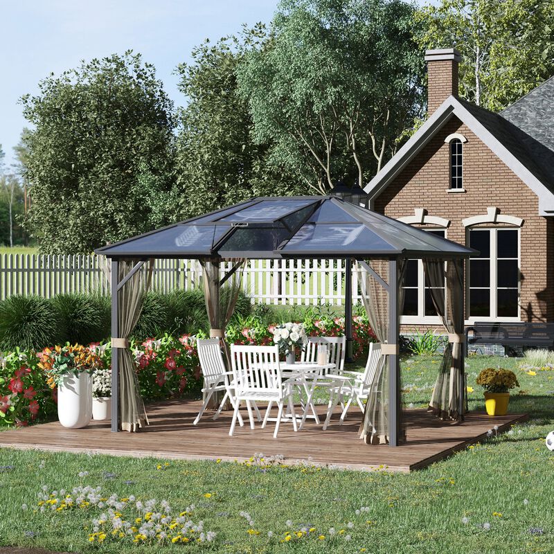 12' x 10' Hardtop Polycarbonate Gazebo Canopy Aluminum Frame Pergola with Top Vent and Netting for Garden, Patio, Grey