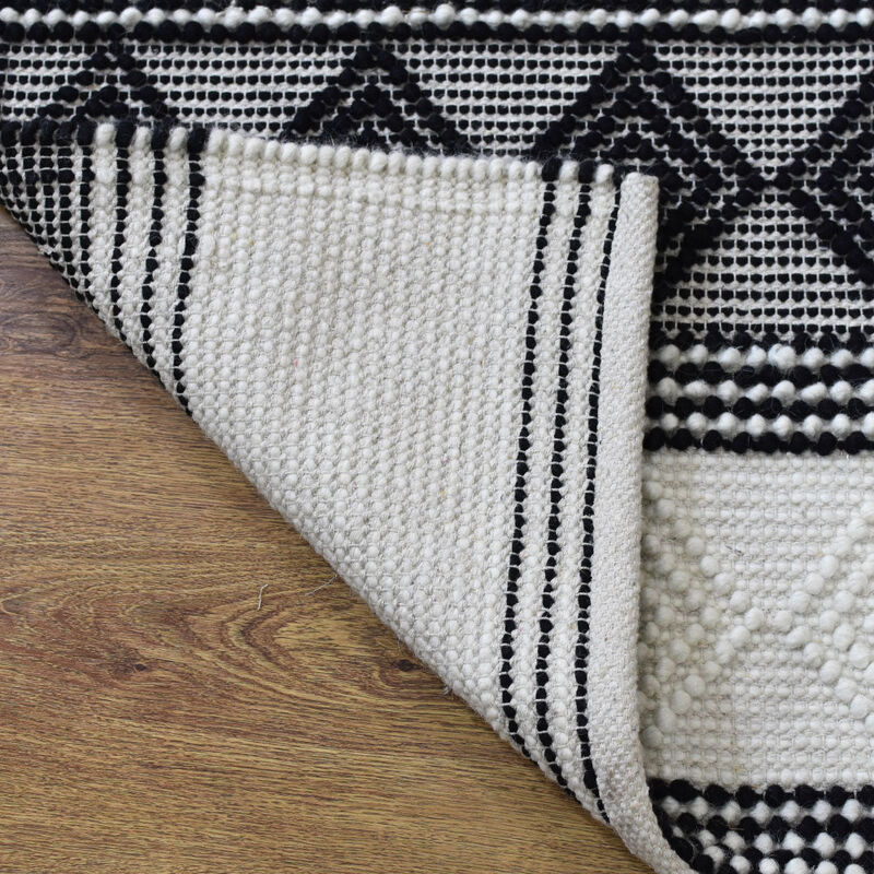 RUGSOTIC CARPETS HAND WOVEN FLAT WEAVE KILIM WOOL & COTTON ECO-FRIENDLY AREA RUGS - 5'x7'6'', Rectangle Shape, Black White Color, Contemporary Modern Design, Low Pile  Handmade Area Rugs (DWC002)