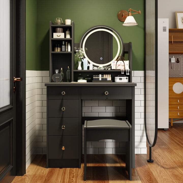 5-Drawers Black Wood Makeup Vanity Set Dressing Desk W/ Stool, LED Round Mirror and Storage Shelves 52x 31.5x 15.7 in.