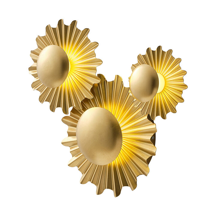13" 3-Light Boho Gold Metal Sunburst Integrated LED Wall Sconces for Bedroom, Hallway or Entryway