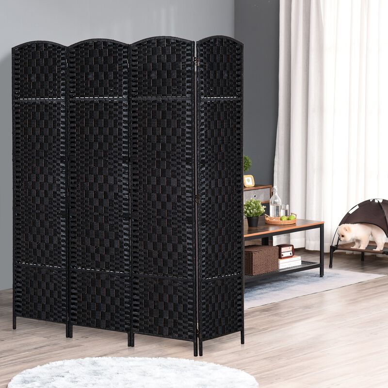 Black Room Divider: 6' Tall Wicker Weave 4-Panel Wall Divider