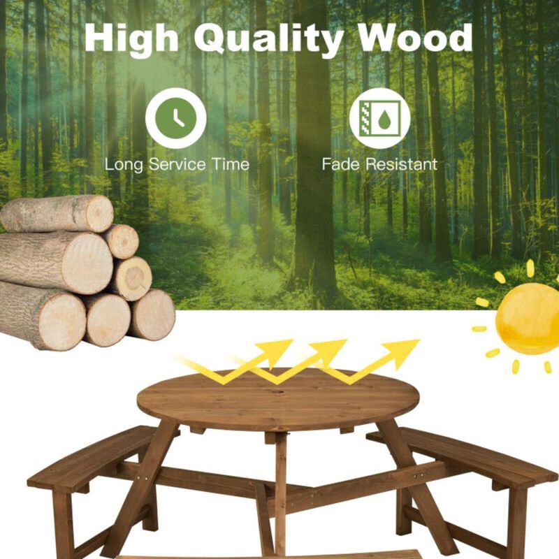 Hivvago 6-person Round Wooden Picnic Table with Umbrella Hole and 3 Built-in Benches