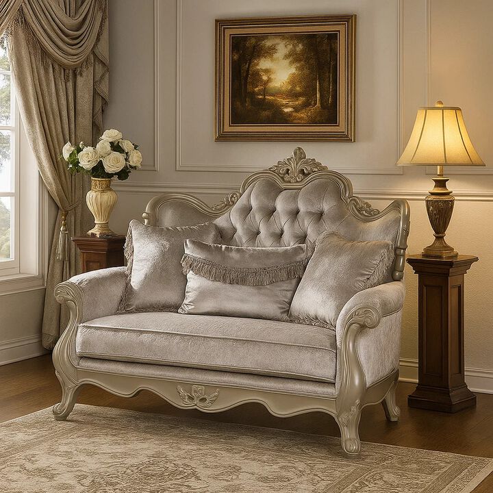 Bertha Baroque Loveseat with 3 Pillows, Tufted Champagne Gray, 70 Inch