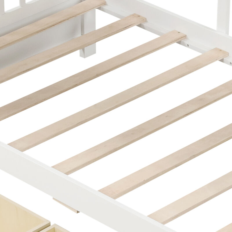 Low House Bed with Enclosed Guardrails and Pull-out Drawers