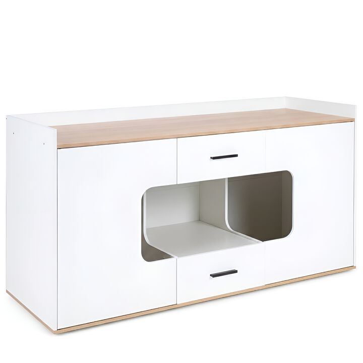 Multi Functional Wooden Cat House Cabinet with Wide Top 2 Drawers and 2 Door Storage for Cats