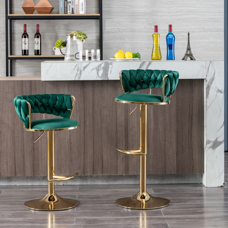 Set of 2 Bar Stools, with Chrome Footrest and Base Swivel Height Adjustable Mechanical Lifting Velvet + Golden Leg Simple Bar Stool-Green