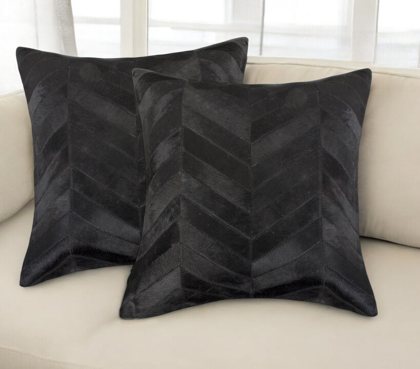 HomeRoots Set of Two 18" Black Chevron Cowhide Throw Pillows
