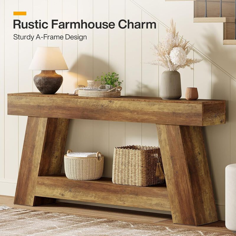 Tribesigns Farmhouse 2-Tier Wood Console Table with Storage Shelf image number 5