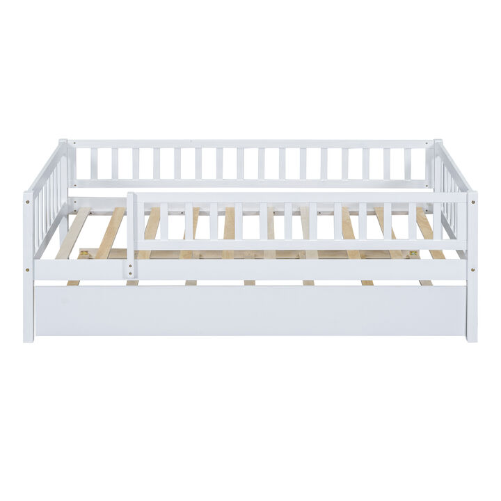 Whisen Twin Size Wood Daybed with Trundle & Guardrails, Solid Wood & MDF Low Profile Bed for Kids Bedroom