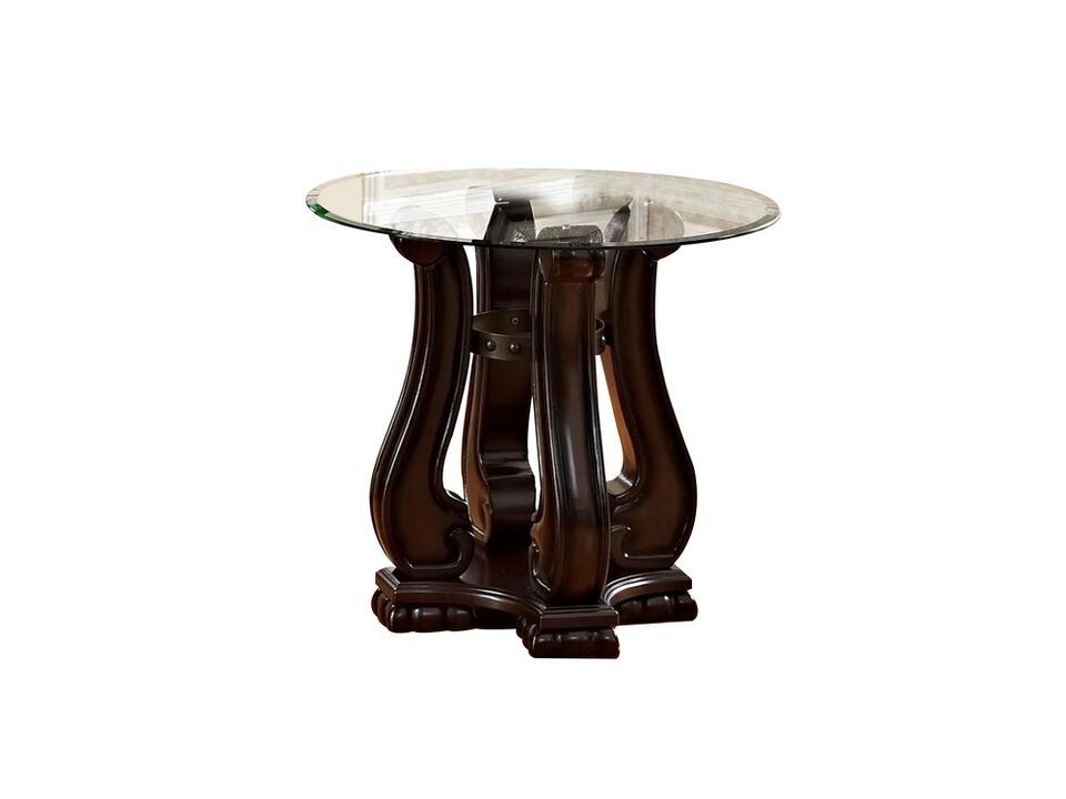 End Table with Round Glass Top and Scrolled Body, Brown-Benzara