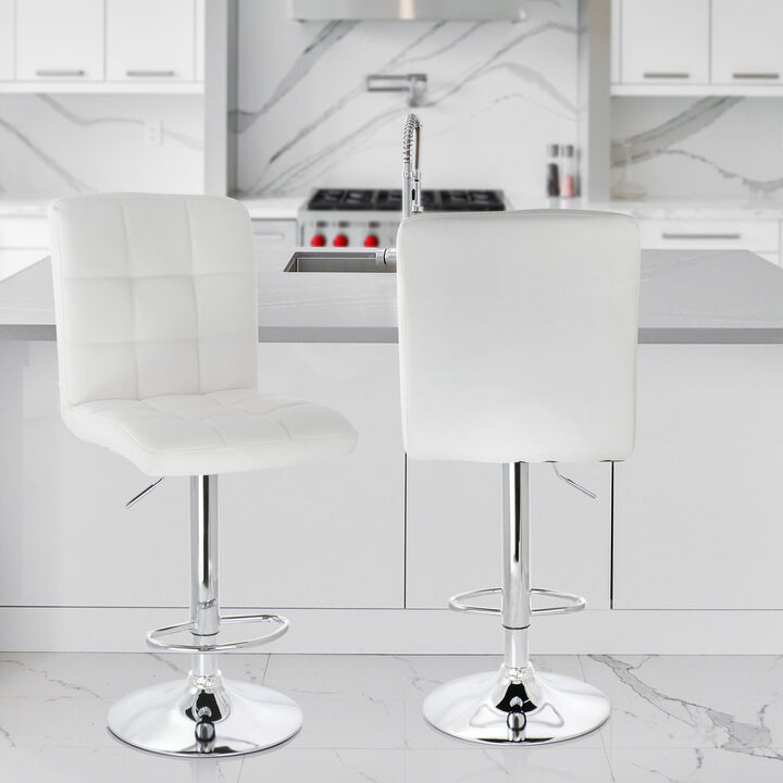 Elama 2 Piece Square Tufted Faux Leather Adjustable Bar Stool in White with Chrome Base