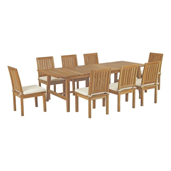 Modway EEI-3311-NAT-WHI-SET Marina 9 Piece Patio Teak Outdoor Dining Set in Natural White, Eight Side Chair/One Table,
