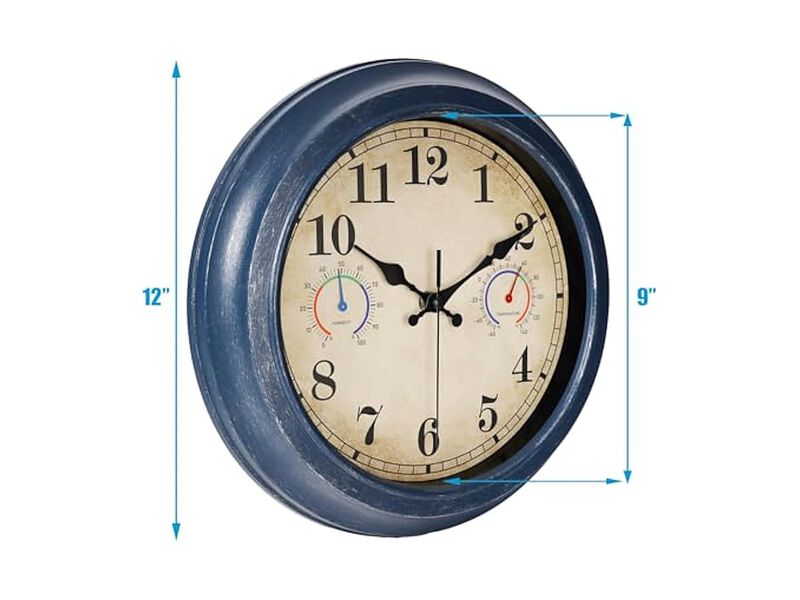 Thermometer Hygrometer Combo Pool Blue Wall Clock 12 Inch Outdoor Waterproof image number 2