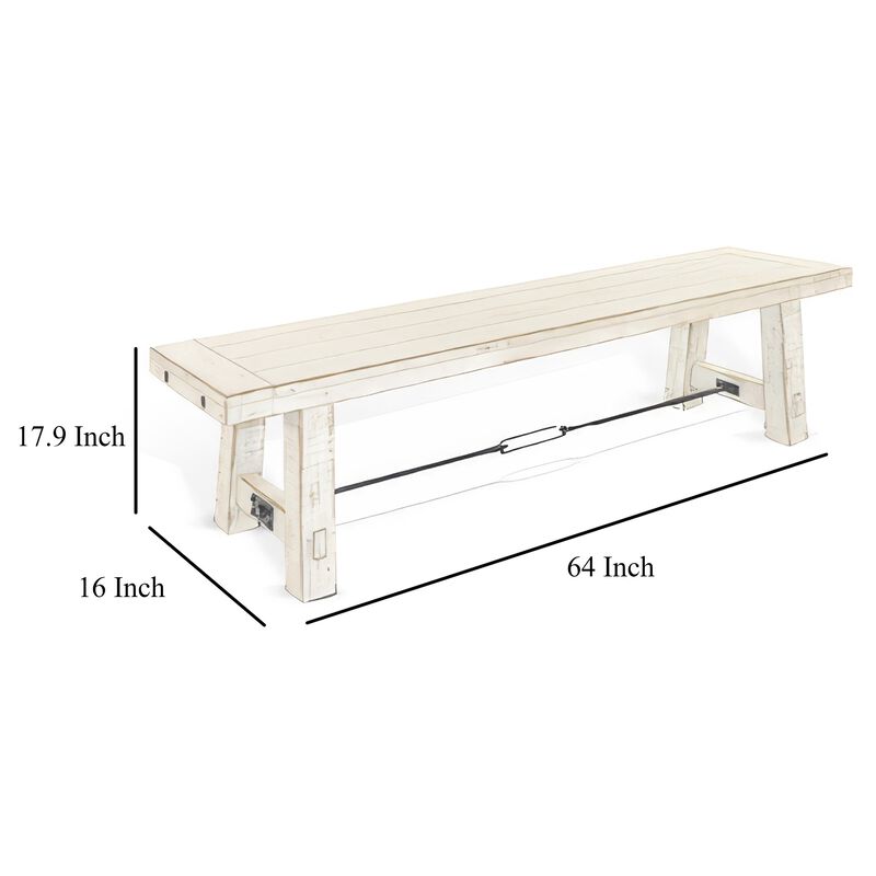 Rena Dining Bench, Turnbuckle Accent, 64 Inch White Mahogany Wood - Benzara