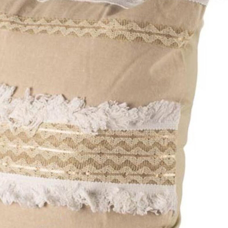 HomeRoots 22" Tan And White Geometric Linen Throw Pillow Cover with Fringe image number 2
