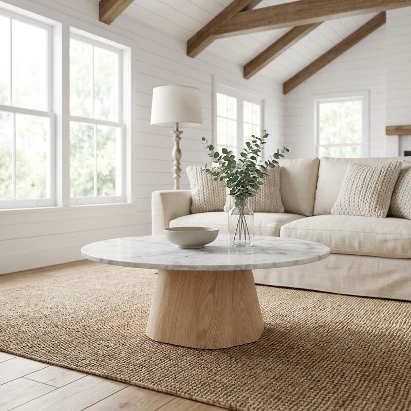 Starlight Canyon Home White Marble Coffee Table, Ashen Grey Raj Marble Top, Oak Veneer Plywood Surface image number 2