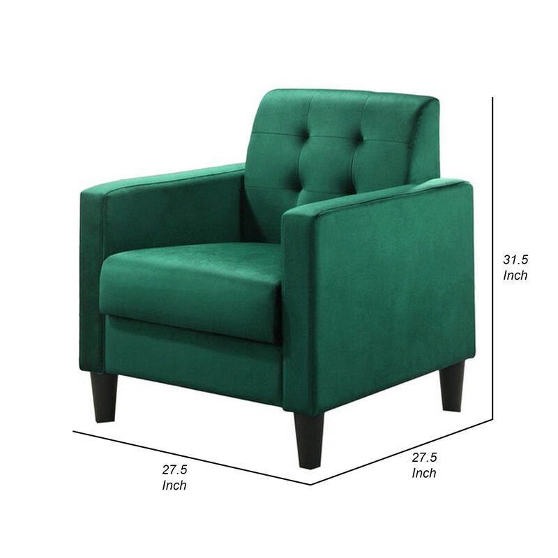 Oz 28 Inch Modern Accent Armchair with Foam Cushion, Tufted Green Velvet