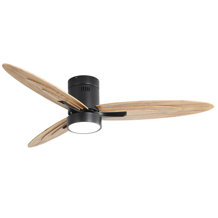 56" Modern Design Flush Mount Ceiling Fan with Light and Remote Control, 3 Solid Wood Blades