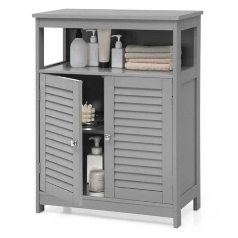 Rustic Farmhouse Linen Tower Cabinet with Slatted Doors and Open Shelf