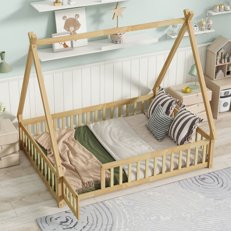 Whisen Wooden Teepee Tent Bed with Guardrails and Slats, Full Floor Bed with Door for Kids image number 2