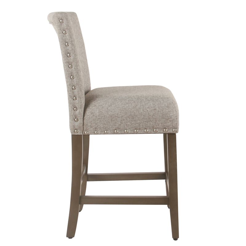 Fabric Upholstered Wooden Counter Stool with Striking Nail head Trims, Gray and Brown