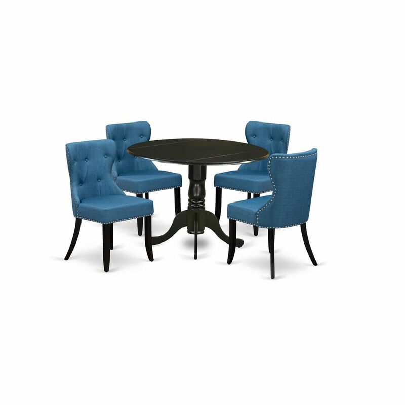 East-West Furniture DLSI5-BLK-21 - A dining set of 4 wonderful kitchen chairs with Linen Fabric Mineral Blue color and a gorgeous two 9" drop leaf round dining room table with Black color