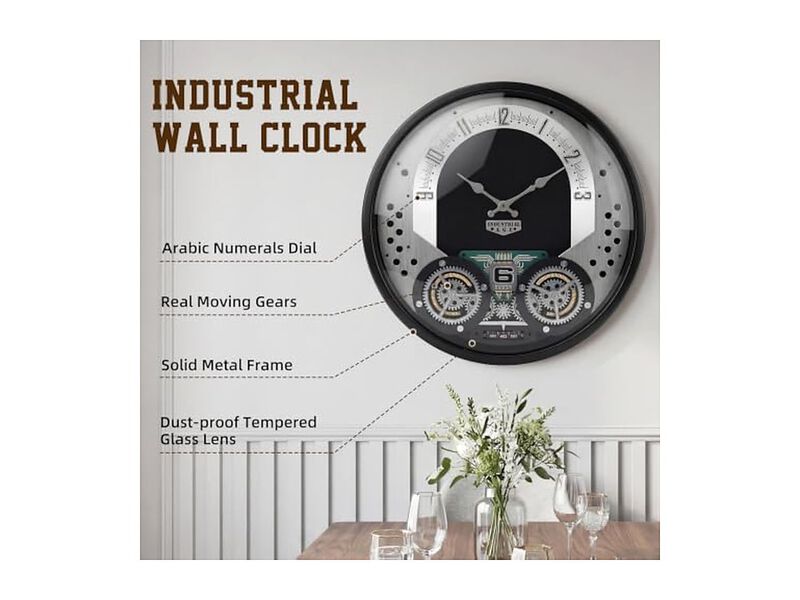 Moving Gears Farmhouse Industrial Wall Clock 18 Inch Metal Black image number 2