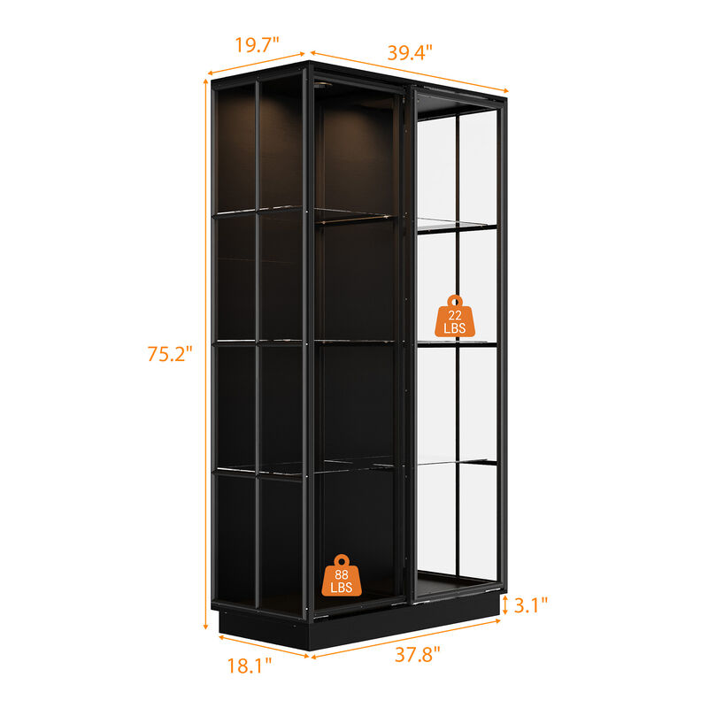 FUFU&GAGA Black Modern Bookshelf Tall Bookcase with 2 Glass Doors, Built-in Spotlights & Shelves for Office (39.4"W x 19.7"D x 75.2"H) image number 9
