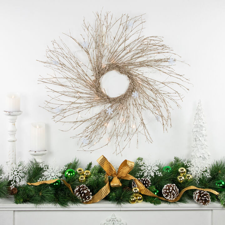 28" Pre-lit Champagne Glittered Artificial Twig Christmas Wreath  Warm White LED Lights