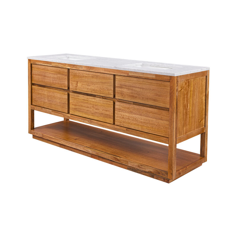 Oakman 72 In. Double Sink Carrara White Marble Countertop Bath Vanity in Mango Wood