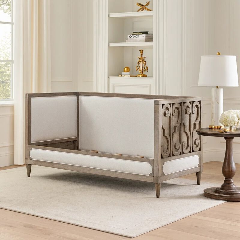Daybed with Fabric Upholstery and Carvings, Weathered Brown image number 6