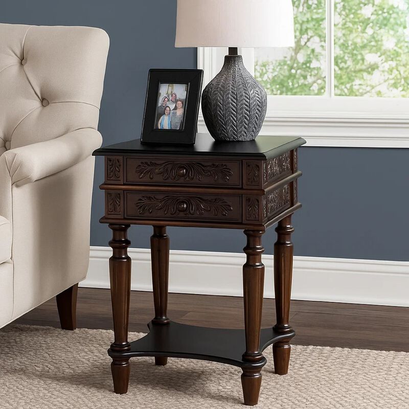 2 Drawer End Table with Intricate Carvings and Open Bottom Shelf, Brown