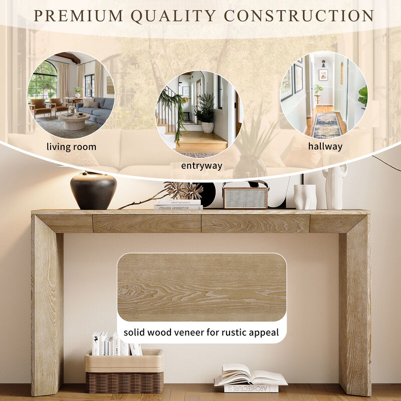 Whisen 60" Modern Farmhouse Console Table with 2 Concealed Drawers, MDF Solid Wood Veneer, Waterfall Edge for Living Room Entryway Hallway image number 6