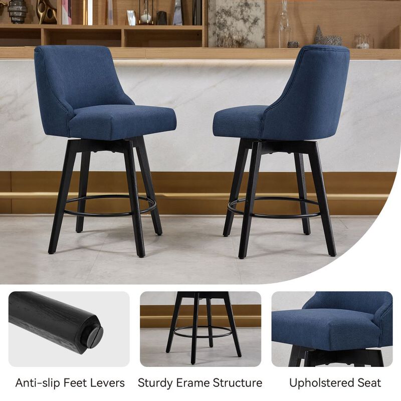Counter Height Bar Stools, 26" Swivel Barstools with Backs, Linen Bar Chairs for Dining Room, Blue image number 2