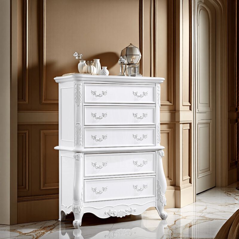 Maver Tall Dresser Chest with 5 Drawer, Scrolled Details, White Wood - Benzara
