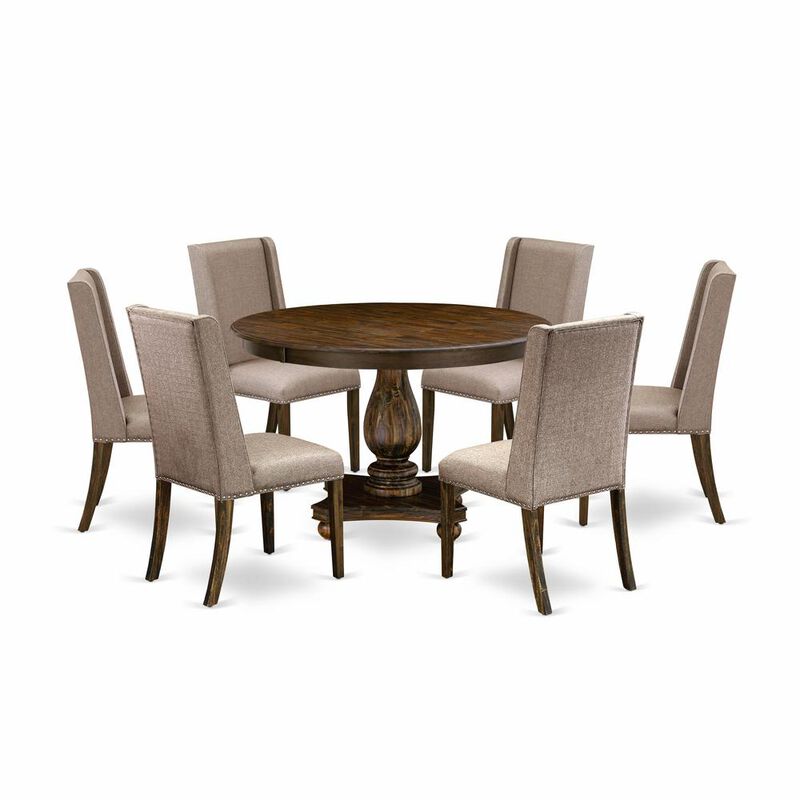 East West Furniture 7 Piece Modern Dining Set Contains a Dining Room Table and 6 Dark Khaki Linen Fabric Parson Chairs with High Back - Distressed Jacobean Finish